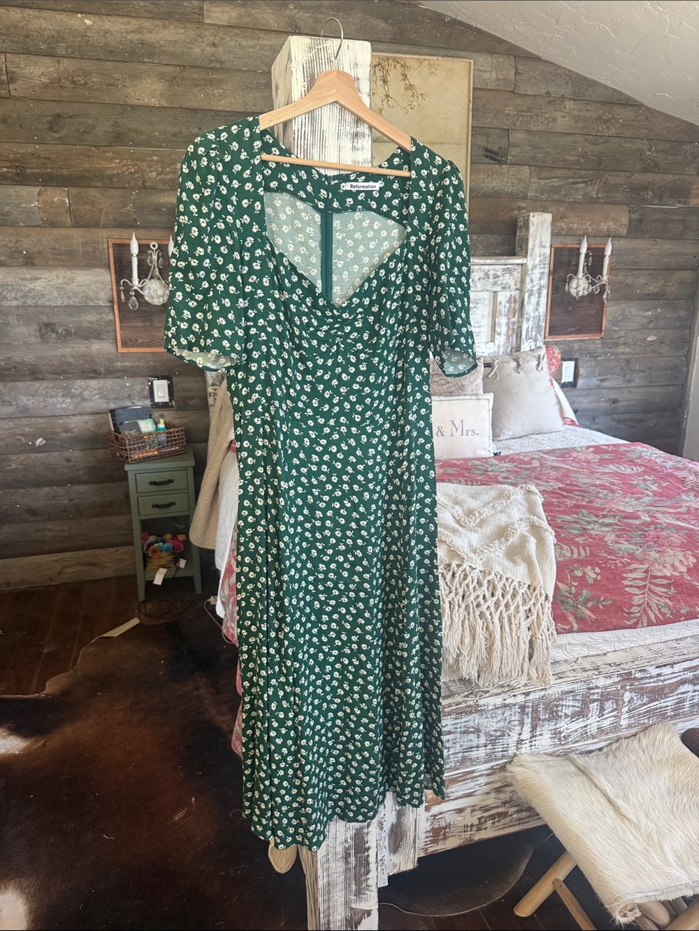 Reformation Green Floral Maxi Dress with White Print